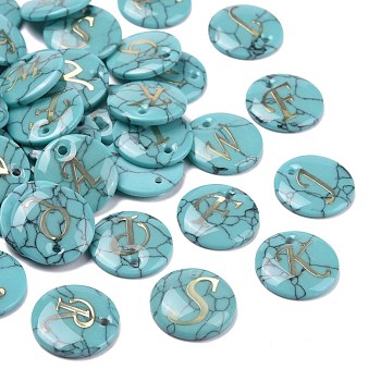 Synthetic Turquoise Charms, with Plastic Letter, Flat Round, Letter, 15x2mm, Hole: 1.5mm