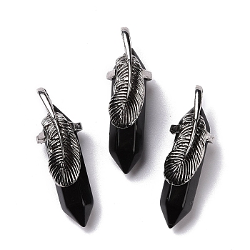 Natural Obsidian Pendants, with Antique Silver Tone Brass Findings, Cadmium Free & Lead Free, Double Terminal Pointed Bullet with Leaf, 44~47x14~15x14~15mm, Hole: 6.2x3.5mm