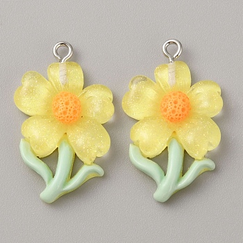 Translucent Resin Pendants, Glitter Flower Charms with Platinum Plated Iron Loops, Yellow, 30x19x5.5mm, Hole: 1.5mm