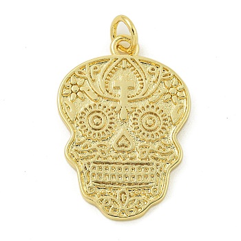 Halloween Theme Rack Plating Brass Pendants, with Jump Ring, Long-Lasting Plated, Lead Free & Cadmium Free, Real 18K Gold Plated, Skull, 24.5x17x1.5mm, Hole: 3.5mm