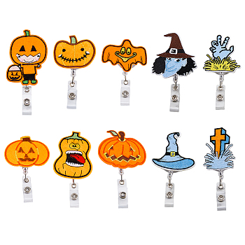 Halloween Theme Pumpkin/Cross/Witch Badge Reels, Polyester & ABS Plastic Retractable Badge Holder, Mixed Color, 130~150mm, 10 style, 1pc/style, 10pcs/set