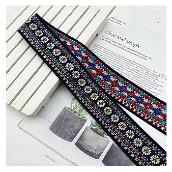 Ethnic Style Embroidery Rhombus Polyester Ribbons, Jacquard Ribbon, Garment Accessories, Flat, Midnight Blue, 1-3/4 inch(45mm)