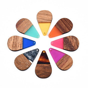 Transparent Resin & Walnut Wood Pendants, Teardrop Shape Charm, Mixed Color, 38x22x3mm, Hole: 2mm