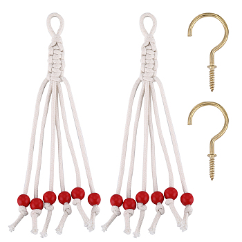 Wood Bead Banana Hangers, Handwoven Fruit Vegetable Hanging Cotton Rope, with Screw Hook, Red, 221x25x8mm