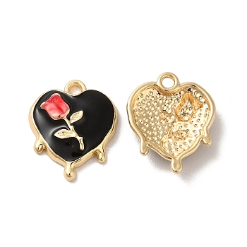 Rack Plating Alloy Enamel Pendants, Golden, Melting Heart with Rose Charm, Black, 19x15x4mm, Hole: 1.8mm