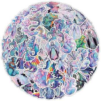 Holographic PVC Self Adhesive Cartoon Stickers, Waterproof Angel Mermaid Dragon Decals, for Kid's Art Craft, Children's Little Fingers, Bottle Decor, Mixed Color, 40~80mm, 50pcs/bag