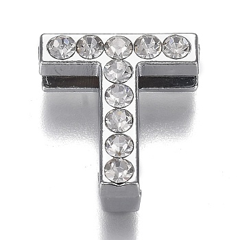 Alloy Letter Slide Charms, with Crystal Rhinestone, Cadmium Free & Lead Free, Platinum, Letter.T, 20x17.5x7mm, Hole: 2.5x17.5mm