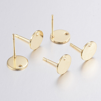 304 Stainless Steel Stud Earring Findings, with Flat Plate, Flat Round, Golden, 8x0.8mm, Hole: 1.2mm, Pin: 0.8mm