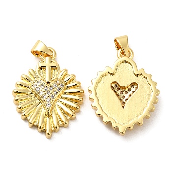 Rack Plating Brass Micro Pave Clear Cubic Zirconia Pendants, Long-Lasting Plated, Cadmium Free & Lead Free, Heart with Cross Charm, Real 18K Gold Plated, 24x18x3.5mm, Hole: 5x3mm