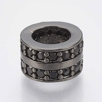 Brass Micro Pave Cubic Zirconia Beads, Large Hole Beads, Column, Black, Gunmetal, 8.5x5.5mm, Hole: 5mm