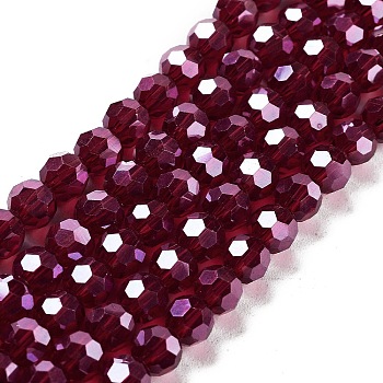 Electroplate Transparent Glass Beads Strands, Faceted, Round, Pearl Luster Plated, Dark Red, 6mm, Hole: 1mm, about 98~100pcs/strand, 20.39~20.59 inch(51.8~52.3cm)