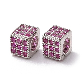925 Sterling Silver Beads, with Cubic Zirconia, Real Platinum Plated, Cube, Hot Pink, 5x6x6mm, Hole: 3.5mm