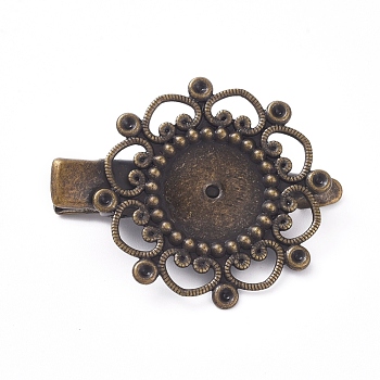 Hair Accessories Iron Alligator Hair Clip Findings, with Brass Filigree Flower Cabochon Bezel Settings, Antique Bronze, Tray: 12mm, 34.5mm, Flower: 28mm