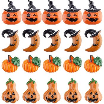 40Pcs 4 Styles Halloween Theme Opaque Resin Cabochons, for Jewelry Making, Pumpkin Jack-O'-Lantern ^& Moon & Pumpkin, Mixed Shapes, Mixed Color, 20~29x20~22.5x7~8mm, 10pcs/style