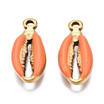 304 Stainless Steel Pendants, with Enamel, Spiral Shell, Golden, Coral, 17x8x3.5mm, Hole: 1mm