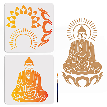 US 1 Set Buddhist PET Hollow Out Drawing Painting Stencils, for DIY Scrapbook, Photo Album, with 1Pc Art Paint Brushes, Buddha, 300x300mm, 2pcs/set