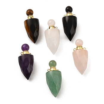 Natural Mixed Stone Openable Perfume Bottle Pendants, Faceted Bullet Perfume Bottle Charms, with Golden Plated 304 Stainless Steel Findings, 38~39x16mm, Hole: 1.8mm