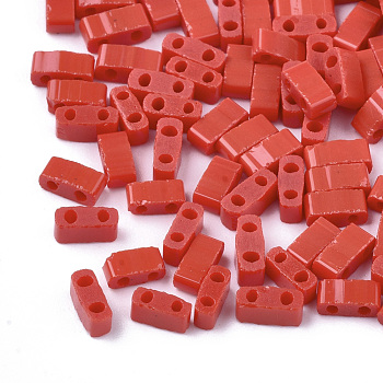 2-Hole Opaque Glass Seed Beads, Rectangle, Red, 4.5~5.5x2x2~2.5mm, Hole: 0.5~0.8mm