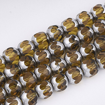 Electroplate Glass Beads Strands, Half Silver Plated, Faceted, Round, Goldenrod, 8~8.5x7~8mm, Hole: 1mm, about 40pcs/strand, 11.8 inch