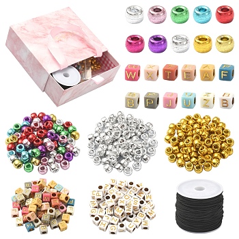 DIY Friendship Bracelet Making Kit, Including Plastic Barrel & Acrylic Letter Beads, Elastic Cords, Mixed Color, Beads: 6~9x6~6.5x6~6.5mm, Hole: 3.5~3.7mm, 80g