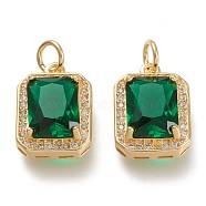 Brass Glass Charms, with Micro Pave Clear Cubic Zirconia and Jump Ring, Rectangle, Real 18K Gold Plated, Green, 14.5x10.5x5mm, Hole: 3.4mm(ZIRC-F116-09C-G)