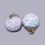 Transparent Glass Globe Pendants, with Glitter Sequins inside and CCB Pendant Bails, Round, White, 20.5x16mm, Hole: 2.5mm(X-GLAA-WH0022-15D)