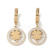 304 Stainless Steel Rhinestone Dangle Earrings, Flat Round with Clover Hoop Earrings for Women, Real 18K Gold Plated, 36x17mm(EJEW-L283-045G)
