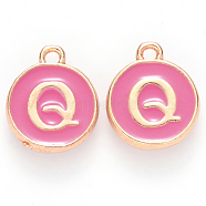 Golden Plated Alloy Enamel Charms, Cadmium Free & Lead Free, Enamelled Sequins, Flat Round with Letter, Camellia, Letter.Q, 14x12x2mm, Hole: 1.5mm(X-ENAM-S118-08Q)