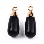 Natural Agate Pendants, with Light Gold Plated Iron Findings, Teardrop Charm, Dyed & Heated, Black, 23x8mm, Hole: 1.8mm(G-N326-135-04)