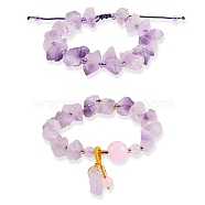 2Pcs 2 Style Synthetic Amethyst Chips Braided Bead Bracelets Set with Irregular Nugget Charm, Gemstone Yoga Jewelry for Women, Purple, 2 inch(5~5.1cm), 1Pc/style(JX166A)