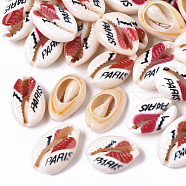 Printed Natural Cowrie Shell Beads, No Hole/Undrilled, with I Love Paris Pattern, Red, 18~21x12~15x7mm(SSHEL-R047-01-G01)