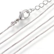 Real Platinum Plated Brass Box Chains Necklaces, with Lobster Clasps, 15.7 inch(40cm)x0.6mm(MAK-R014-P)