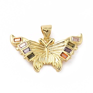 Rack Plating Brass Micro Pave Cubic Zirconia Pendants, Real 18K Gold Plated, Long-Lasting Plated, Lead Free & Cadmium Free, Butterfly, Colorful, 12.5x24x3mm, Hole: 4mm(KK-E281-13G)