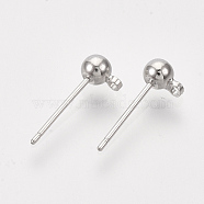 Brass Ball Stud Earring Findings, with Loop and Steel Pins, Real Platinum Plated, 16x4mm, Hole: 1mm, Pin: 0.8mm(KK-S348-415B)