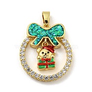 Christmas Brass Micro Pave Cubic Zirconia Pendant, with Enamel and Synthetic Opal, Christmas Wreath, Dark Cyan, 25.5x22.5x4mm, Hole: 5x3mm(KK-H468-01D-01G)