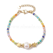 Natural Pearl & 201 Stainless Steel Star & Seed Beaded Bracelet, Golden, 7-1/4 inch(18.5cm)(BJEW-JB10118-01)