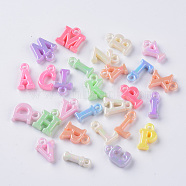 Opaque Acrylic Charms, AB Color Plated, Mixed Letters, Mixed Color, 12.5~14.5x5~13x3.5mm, Hole: 2mm(MACR-Q239-010)