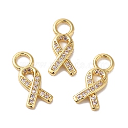 Rack Plating Brass Pave Cubic Zirconia Charms, Lead Free & Cadmium Free, Real 18K Gold Plated, Long-Lasting Plated, Awareness Ribbon Charm, Clear, 14x6.5x2mm, Hole: 3mm(KK-O142-43G)