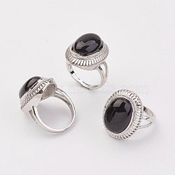 Natural Black Agate Finger Rings, with Brass Ring Finding, Platinum, Oval, Size 8, 18mm(X-RJEW-P122-20)