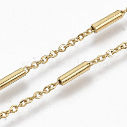 304 Stainless Steel Cable Chains, with Steel Column Beads, Soldered, Flat Oval, Golden, 2x1.6x0.3mm, about 39.37 inch(1m)/strand(CHS-S006-JN960-2)