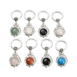 Natural & Synthetic Gemstone Pendant Keychain, Flat Round, with Brass Findings, Antique Silver & Platinum, 65~66mm(G-G009-02P)