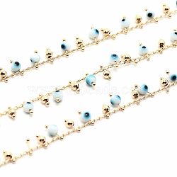 Brass Curb Chain, Twisted Chain, with Round Enamel Evil Eye & Brass Charms, Long-Lasting Plated, with Spool, Soldered, Light Gold, Light Blue, 2mm, about 32.81 Feet(10m)/Roll(CHC-L049-02LG)