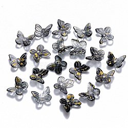 Two Tone Transparent Spray Painted Glass Charms, with Glitter Powder, Butterfly, Black, 9.5x11x3mm, Hole: 0.8mm(X-GLAA-T016-22E)