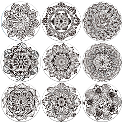 Composite Wood Board Cup Mats Set, Mandala Pattern Printed Coasters, Flat Round, 100x5mm, 1pc/style, 9 style, 9pcs/set(DJEW-WH0040-015)