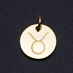 201 Stainless Steel Charms, Twelve Constellations, with Jump Rings, Flat Round, Taurus, 12x1mm, Hole: 3.5mm(STAS-T049-T644-2G)