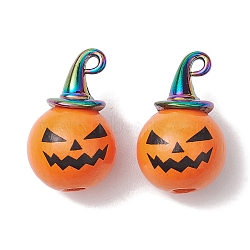 Halloween theme Wood with Alloy Pendant, Pumpkin, Rainbow Color, 25x16mm, Hole: 2.5x1.7mm(PALLOY-JF02657-01)