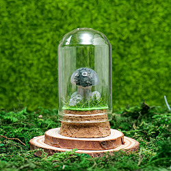 Glass Dome Cover with Natural Moss Agate Mushroom Inside, Cloche Bell Jar Terrarium with Cork Base, Micro Landscape Garden Decoration Accessories, 30x55mm(BOHO-PW0001-085L)