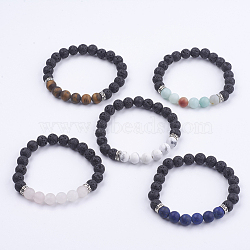 Natural Lava Rock and Gemstone Stretch Bracelets, with Alloy Beads, Burlap Bags, Round, 2 inch(52mm)(BJEW-JB03633)