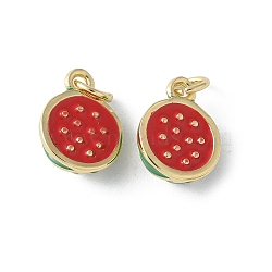 Brass Enamel Charms, with Jump Ring, Real 16K Gold Plated, Fruits Charms, Watermelon, 12.5x9x5mm, Hole: 3mm(KK-D336-06G-01)