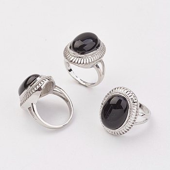 Natural Black Agate Finger Rings, with Brass Ring Finding, Platinum, Oval, Size 8, 18mm